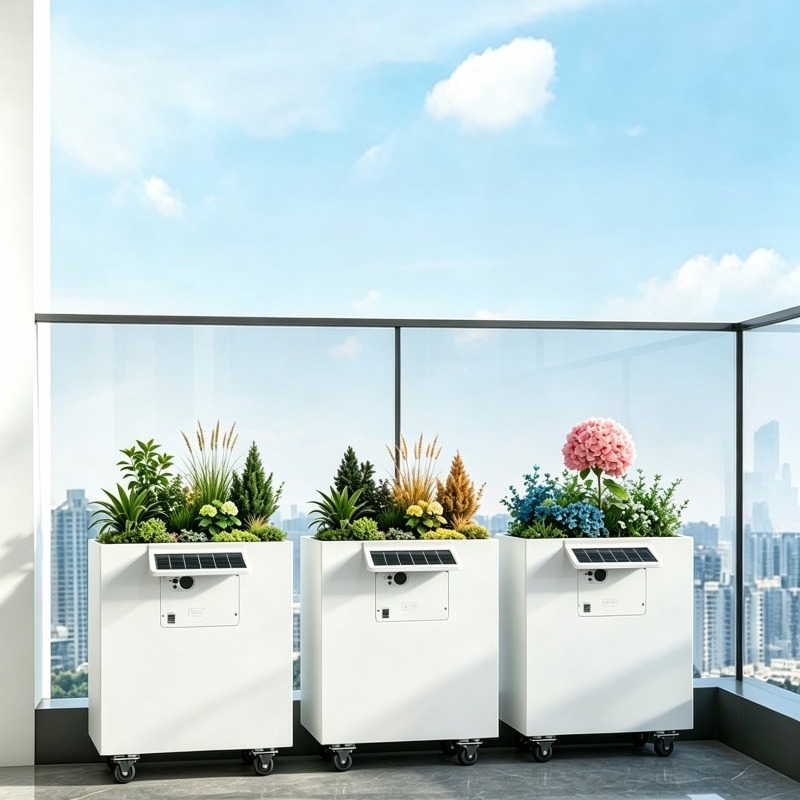 BloomBox planters blooming on a home balcony